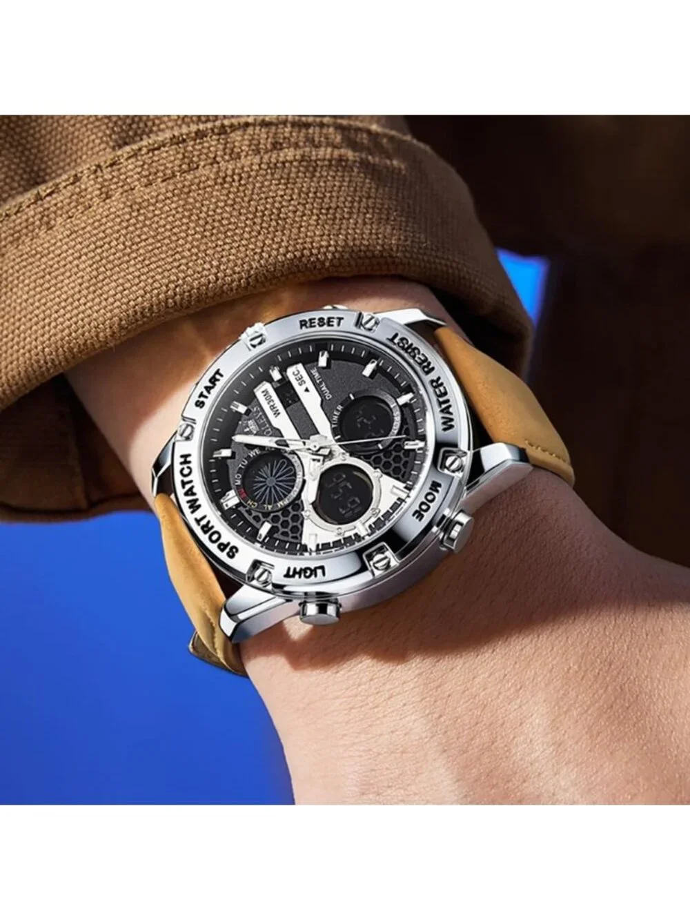 Men's Brown Silver Leather Chronograph Fashion Digital Waterproof Wrist Watch